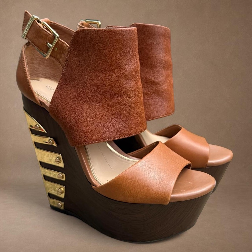 Gianni Bini Leather Platform Wedge Sandals Brown Studded Women's 6 Boho Y2K